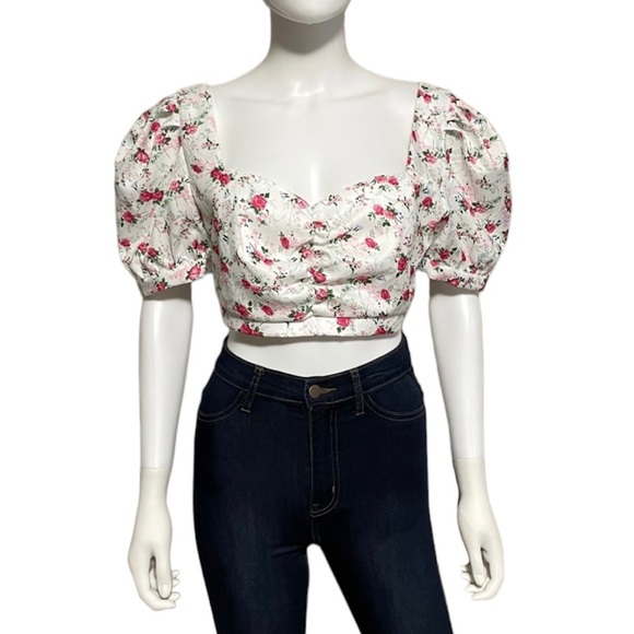 Lulu’s Floral Print Puff Sleeve Crop Top - Picture 1 of 7
